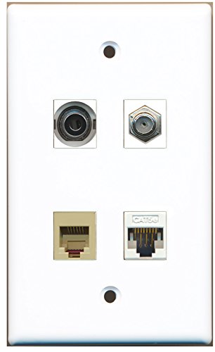 RiteAV - 1 Port Coax Cable TV- F-Type 1 Port Phone RJ11 RJ12 Beige 1 Port 3.5mm 1 Port Cat5e Ethernet White Wall Plate