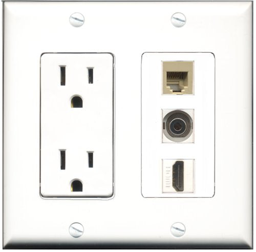 RiteAV - 15 Amp Power Outlet 1 Port HDMI 1 Port Phone Beige 1 Port 3.5mm Decorative Wall Plate