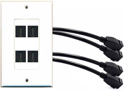 RiteAV - 4 Port HDMI Wall Plate Decorative Female to Female White with Pigtail Extension Dongle