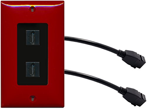 RiteAV (1 Gang Decorative) 2 HDMI Black Wall Plate w/ Pigtail Extension Cable Red (Black Insert)