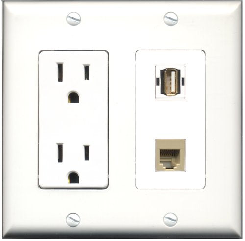 RiteAV - 15 Amp Power Outlet and 1 Port USB A-A and 1 Port Phone RJ11 RJ12 Beige Decorative Type Wall Plate White