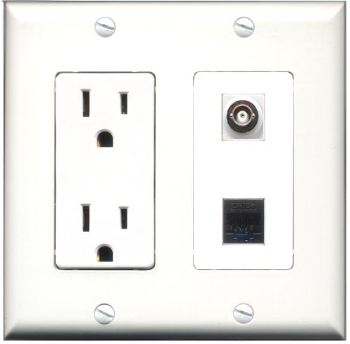 RiteAV - 15 Amp Power Outlet and 1 Port BNC and 1 Port Cat5e Ethernet Black Decorative Type Wall Plate White