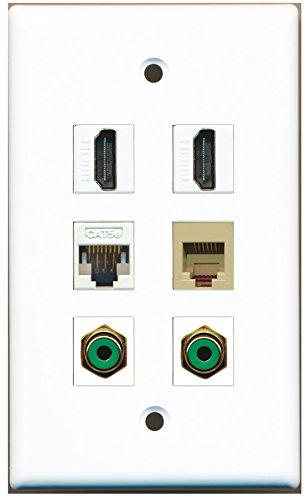 RiteAV - 2 HDMI 2 Port RCA Green 1 Port Phone RJ11 RJ12 Beige 1 Port Cat5e Ethernet White Wall Plate