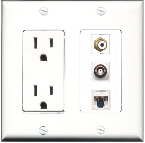 RiteAV - 15 Amp Power Outlet 1 Port RCA White 1 Port BNC 1 Port Cat5e Ethernet White Decorative Wall Plate