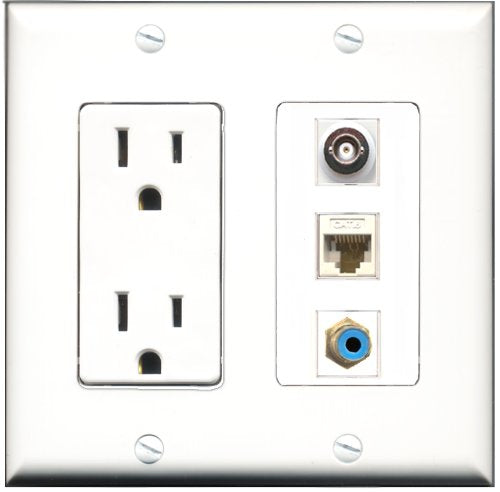 RiteAV - 15 Amp Power Outlet 1 Port RCA Blue 1 Port BNC 1 Port Cat6 Ethernet Ethernet White Decorative Wall Plate