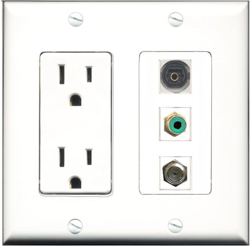 RiteAV - 15 Amp Power Outlet 1 Port RCA Green 1 Port Coax 1 Port Toslink Decorative Wall Plate