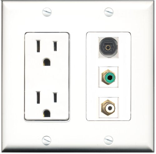 RiteAV - 15 Amp Power Outlet 1 Port RCA White 1 Port RCA Green 1 Port Toslink Decorative Wall Plate