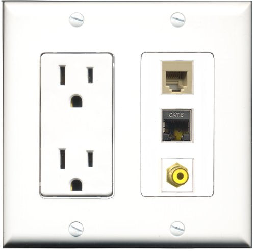 RiteAV - 15 Amp Power Outlet 1 Port RCA Yellow 1 Port Phone Beige 1 Port Shielded Cat6 Ethernet Ethernet Decorative Wall Plate