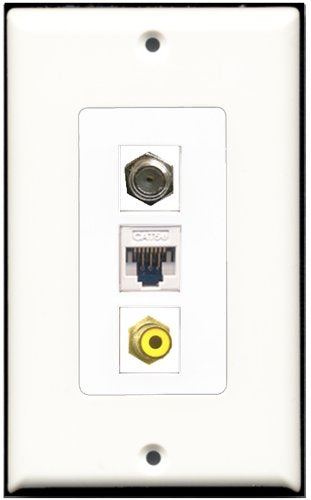 RiteAV - 1 Port RCA Yellow 1 Coax Cable TV- F-Type 1 Cat5e Ethernet White Wall Plate Decorative