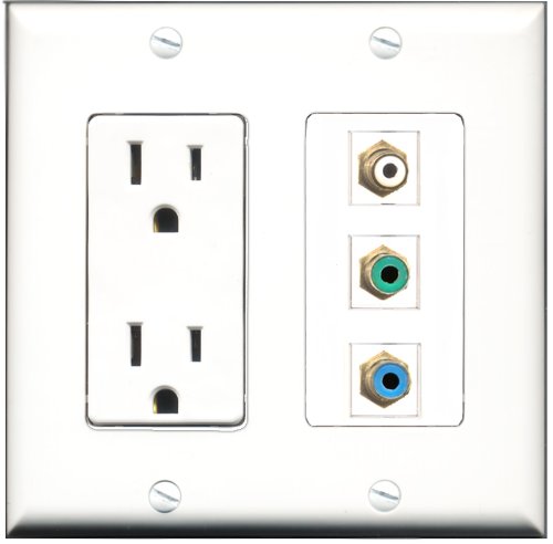 RiteAV - 15 Amp Power Outlet 1 Port RCA White 1 Port RCA Green 1 Port RCA Blue Decorative Wall Plate