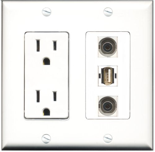 RiteAV - 15 Amp Power Outlet 1 Port USB A-A 2 Port 3.5mm Decorative Wall Plate