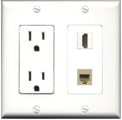 RiteAV - 15 Amp Power Outlet and 1 Port HDMI and 1 Port Phone RJ11 RJ12 Beige Decorative Type Wall Plate White