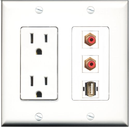 RiteAV - 15 Amp Power Outlet 2 Port RCA Red 1 Port USB A-A Decorative Wall Plate