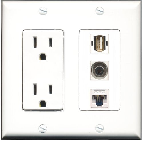 RiteAV - 15 Amp Power Outlet 1 Port USB A-A 1 Port 3.5mm 1 Port Cat5e Ethernet White Decorative Wall Plate