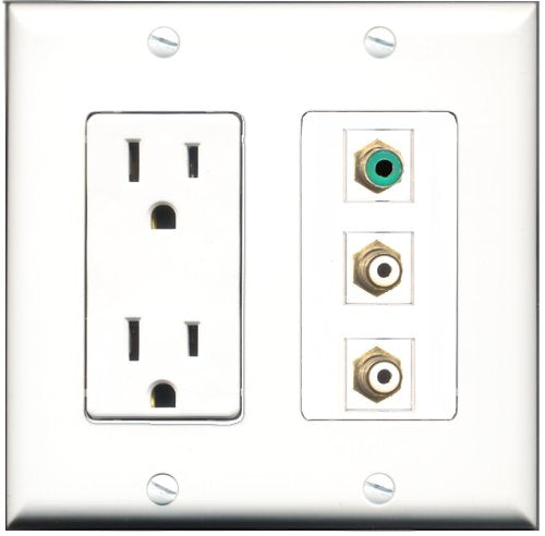 RiteAV - 15 Amp Power Outlet 2 Port RCA White 1 Port RCA Green Decorative Wall Plate