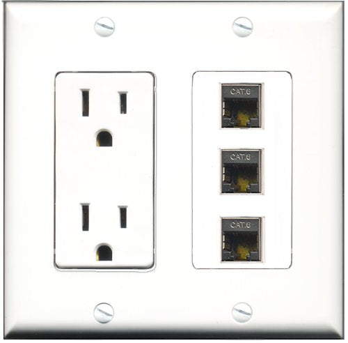 RiteAV - 15 Amp Power Outlet 3 Port Shielded Cat6 Ethernet Ethernet Decorative Wall Plate