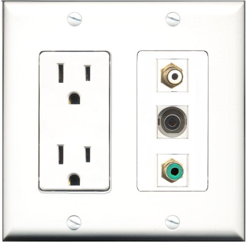 RiteAV - 15 Amp Power Outlet 1 Port RCA White 1 Port RCA Green 1 Port 3.5mm Decorative Wall Plate