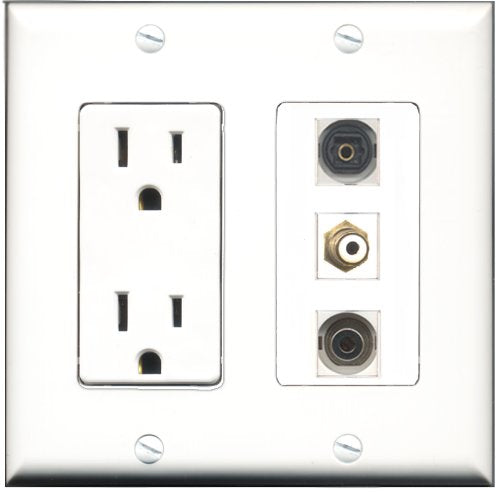 RiteAV - 15 Amp Power Outlet 1 Port RCA White 1 Port Toslink 1 Port 3.5mm Decorative Wall Plate