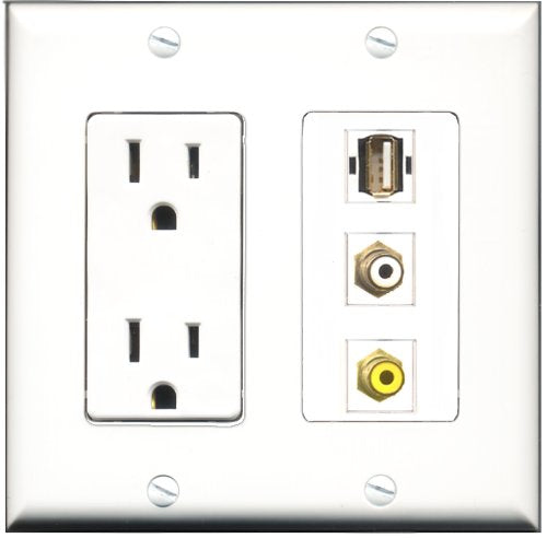 RiteAV - 15 Amp Power Outlet 1 Port RCA White 1 Port RCA Yellow 1 Port USB A-A Decorative Wall Plate