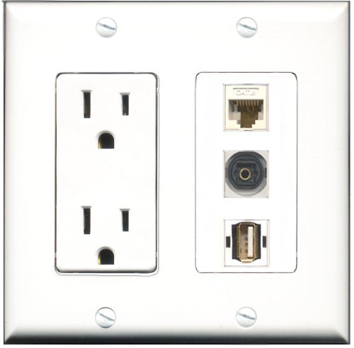 RiteAV - 15 Amp Power Outlet 1 Port USB A-A 1 Port Toslink 1 Port Cat6 Ethernet Ethernet White Decorative Wall Plate