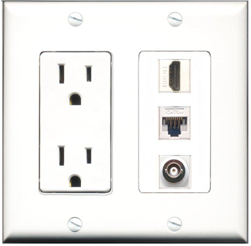RiteAV - 15 Amp Power Outlet 1 Port HDMI 1 Port BNC 1 Port Cat5e Ethernet White Decorative Wall Plate
