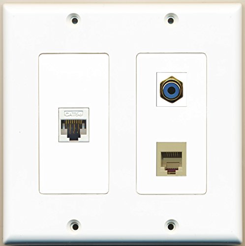 RiteAV - 1 Port RCA Blue 1 Port Phone RJ11 RJ12 Beige 1 Port Cat5e Ethernet White - 2 Gang Wall Plate