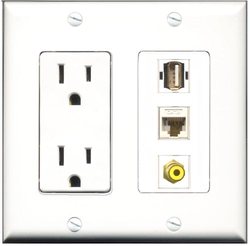 RiteAV - 15 Amp Power Outlet 1 Port RCA Yellow 1 Port USB A-A 1 Port Cat6 Ethernet Ethernet White Decorative Wall Plate
