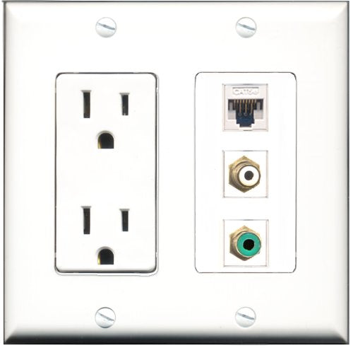 RiteAV - 15 Amp Power Outlet 1 Port RCA White 1 Port RCA Green 1 Port Cat5e Ethernet White Decorative Wall Plate