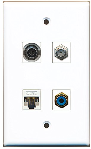 RiteAV - 1 Port RCA Blue 1 Port Coax Cable TV- F-Type 1 Port 3.5mm 1 Port Cat5e Ethernet White Wall Plate