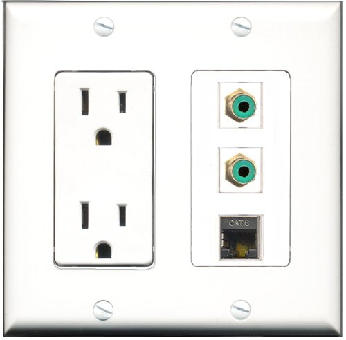 RiteAV - 15 Amp Power Outlet 2 Port RCA Green 1 Port Shielded Cat6 Ethernet Ethernet Decorative Wall Plate