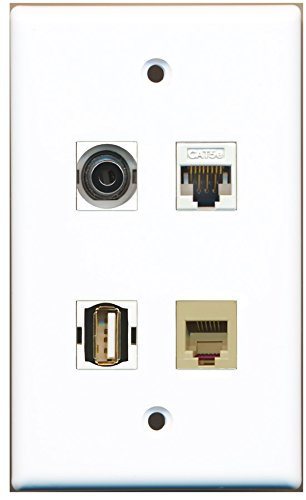 RiteAV - 1 Port USB A-A 1 Port Phone RJ11 RJ12 Beige 1 Port 3.5mm 1 Port Cat5e Ethernet White Wall Plate