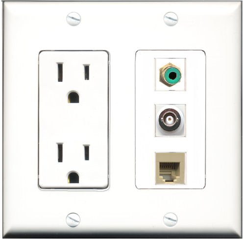 RiteAV - 15 Amp Power Outlet 1 Port RCA Green 1 Port Phone Beige 1 Port BNC Decorative Wall Plate