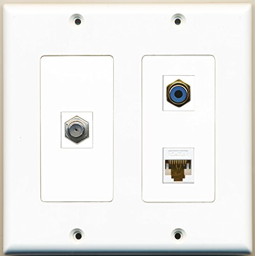 RiteAV - 1 Port RCA Blue 1 Port Coax Cable TV- F-Type 1 Port Cat6 Ethernet White - 2 Gang Wall Plate