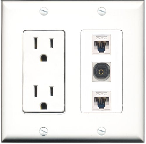RiteAV - 15 Amp Power Outlet 1 Port Toslink 2 Port Cat5e Ethernet White Decorative Wall Plate
