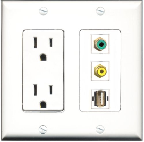 RiteAV - 15 Amp Power Outlet 1 Port RCA Yellow 1 Port RCA Green 1 Port USB A-A Decorative Wall Plate