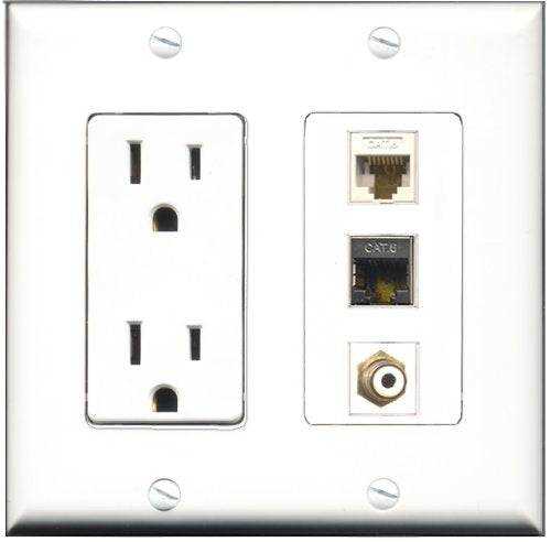 RiteAV - 15 Amp Power Outlet 1 Port RCA White 1 Port Shielded Cat6 Ethernet Ethernet 1 Port Cat6 Ethernet Ethernet White Decorative Wall Plate