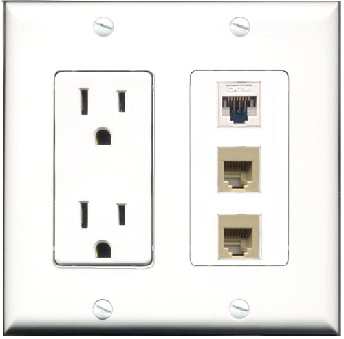 RiteAV - 15 Amp Power Outlet 2 Port Phone Beige 1 Port Cat5e Ethernet White Decorative Wall Plate