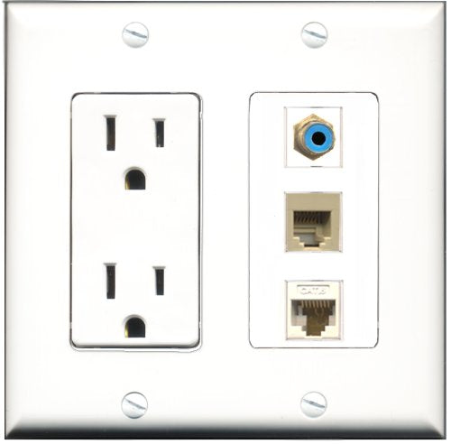 RiteAV - 15 Amp Power Outlet 1 Port RCA Blue 1 Port Phone Beige 1 Port Cat6 Ethernet Ethernet White Decorative Wall Plate