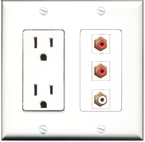 RiteAV - 15 Amp Power Outlet 2 Port RCA Red 1 Port RCA White Decorative Wall Plate