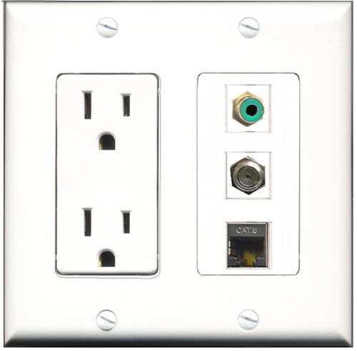 RiteAV - 15 Amp Power Outlet 1 Port RCA Green 1 Port Coax 1 Port Shielded Cat6 Ethernet Ethernet Decorative Wall Plate
