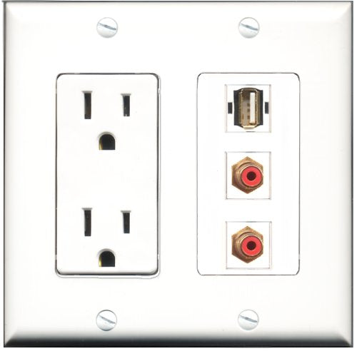 RiteAV - 15 Amp Power Outlet 2 Port RCA Red 1 Port USB A-A Decorative Wall Plate