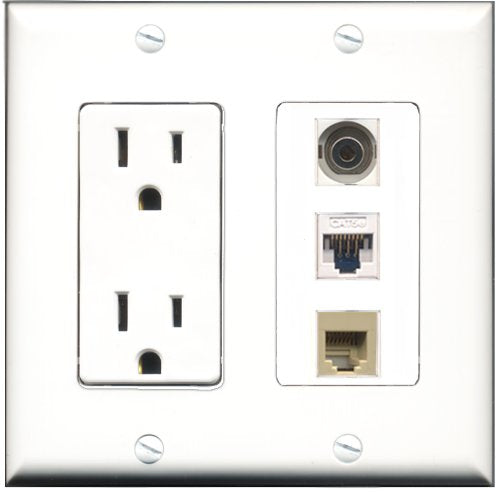 RiteAV - 15 Amp Power Outlet 1 Port Phone Beige 1 Port 3.5mm 1 Port Cat5e Ethernet White Decorative Wall Plate