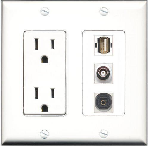 RiteAV - 15 Amp Power Outlet 1 Port USB A-A 1 Port Toslink 1 Port BNC Decorative Wall Plate