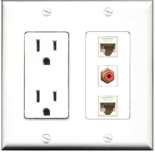 RiteAV - 15 Amp Power Outlet 1 Port RCA Red 2 Port Cat6 Ethernet Ethernet White Decorative Wall Plate