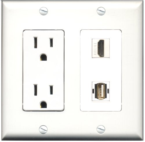 RiteAV - 15 Amp Power Outlet and 1 Port HDMI and 1 Port USB A-A Decorative Type Wall Plate White