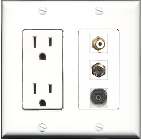 RiteAV - 15 Amp Power Outlet 1 Port RCA White 1 Port Coax 1 Port Toslink Decorative Wall Plate