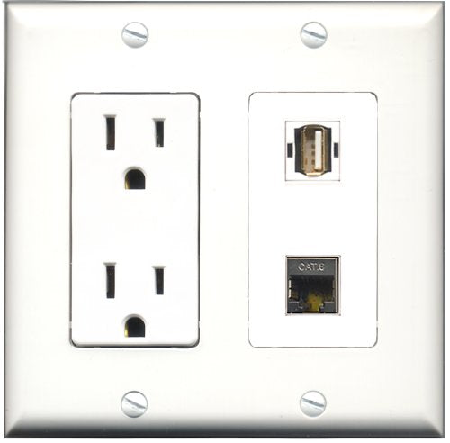 RiteAV - 15 Amp Power Outlet and 1 Port USB A-A and 1 Port Shielded Cat6 Ethernet Decorative Type Wall Plate White