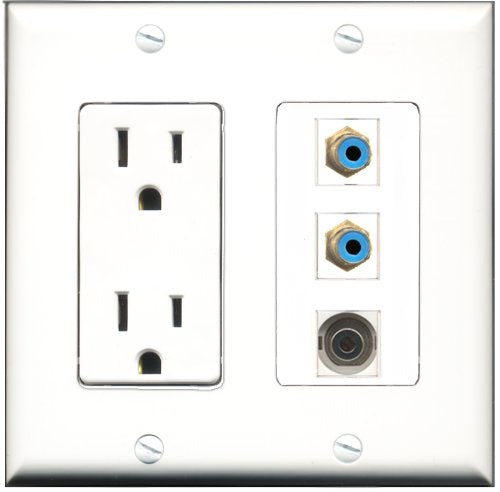 RiteAV - 15 Amp Power Outlet 2 Port RCA Blue 1 Port 3.5mm Decorative Wall Plate