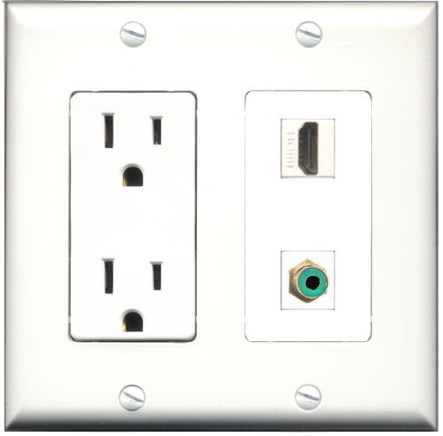 RiteAV - 15 Amp Power Outlet and 1 Port HDMI and 1 Port RCA Green Decorative Type Wall Plate White