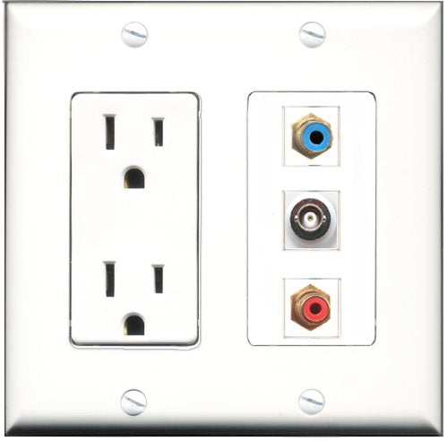 RiteAV - 15 Amp Power Outlet 1 Port RCA Red 1 Port RCA Blue 1 Port BNC Decorative Wall Plate